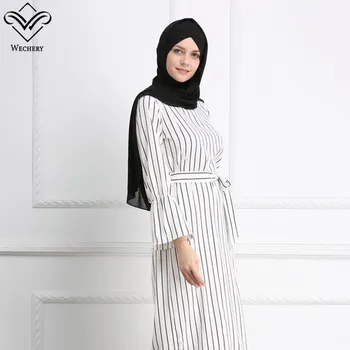 Wechery Sieviešu Svītrainām Abaya Modes Musulmaņu Maxi Kleita Taures Piedurknēm Melna Balta Garās Kleitas Islāma Apģērbi