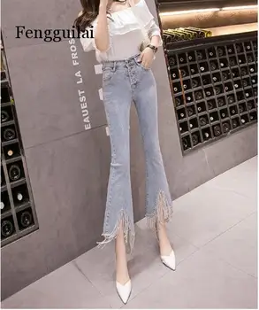 Plus lieluma 25-32!Sieviešu Rhinestone Frēzēšana Pušķis Ķēdes Uzliesmojums Džinsi 2019 Jaunu modes izdilis džinsi