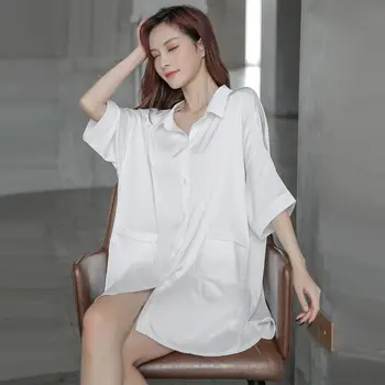 Ir 2021. Vasaras Sleepwear Modes Sieviešu Pidžamas Sexy Backless Mežģīnes Dekoru Zaudēt Lielajam Pusi Piedurknēm Vienu Krūtīm Balts Krekls