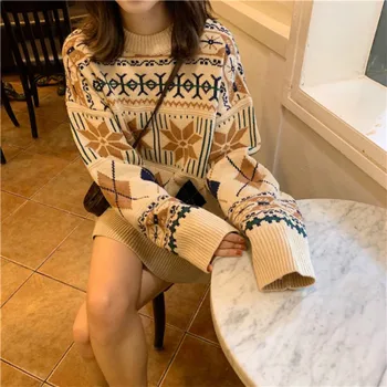 Gadījuma Trikotāžas-Adītus Ziemas Drēbes Sievietēm Zaudēt Pull Femme Nouveaute 2019 Vintage Sabiezēt Džemperis Sievietēm