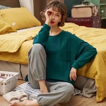 Kokvilnas sieviešu pidžamas komplekts ar garām piedurknēm Rudens mīksta pidžamas Ilgu Pilnas elsas Sieviešu sleepwear komplekts