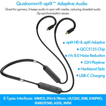 QCC5125 APTX Adaptīvā APTX HD Bluetooth 5.0 Uzlabot Kabelis, MIKROFONS Tips C AAC 2PIN 0.78 mm MMCX IE40 PRO IE80S SE535 UE18 W4R A2DC