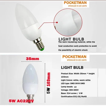 10Pcs/daudz E14 LED Spuldze Svece AC 220V led gaismas Sveces Spuldzes, Lampas, Silts/Balts Enerģijas Taupīšanas Gaismas Guļamistabai Mājas Apdare