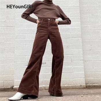 HEYounGIRL Rudens Haki Brwon Velveta Uzliesmojuši Bikses Sieviešu Vintage Augstas Starām. Garās Bikses Modes Y2K Streetwear Joggers 2020