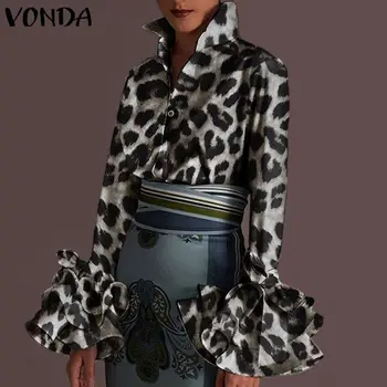 Rudens Garas Piedurknes Atloks, Tunika Topi, Sieviešu Vintage Blūzes VONDA Modes Leopards Drukāt Krekli Ir 2021. Elegants Biroja Darba Blūze
