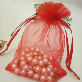 Vairumtirdzniecības 200pcs Red Drawable Organza maisiņa Aukliņu maisiņš Kāzu dzimšanas diena Ziemassvētku dāvanu rotaslietas iepakojuma displejs somas