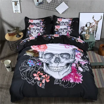 Lina Kokvilnas Maisījums Ziedu 3D skelets melnā galvaskausa nāves ir-galvu dizaina dvīņu karalis, karaliene gultasveļa duvet cover set gultas piederumi set5