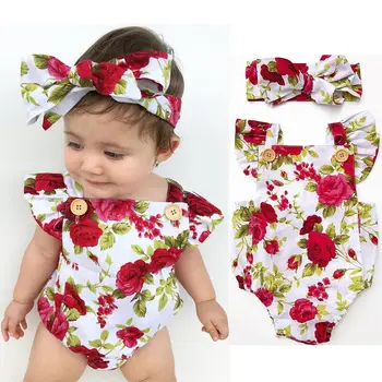 Jaundzimušo Ziedu Apģērbu Komplekts 2019 Baby Meiteņu Drēbes, Ziedu Romper Bez Piedurknēm Bodysuit + Galvas Tērpiem Vasaras Stils
