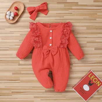2021. Gada Pavasarī Baby Girl Kombinezonus Jaundzimušā Apģērbu Toddler Izlīdzināšanu Piedurknēm Cieto Mežģīņu Dizaina Romper Jumpsuit Ar Galvu Vienu Gabalu
