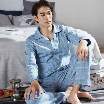 Zilā Kokvilnas Pleds Pijamas Hombre garām Piedurknēm Sleepwear Pogu uz Leju korejas Pidžamas Komplekts Vīriešiem Tīras Kokvilnas Pidžamas PJ Plus Lieluma
