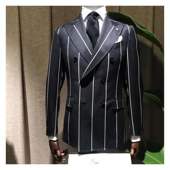 Jaunākās Black Vīriešu Uzvalki Līgavainis Tuxedos Atloks Pinstripe Slim Fit Oficiālu Vīriešu Mētelis Pasūtījuma Puse Ilgi Uzvalks Outwear