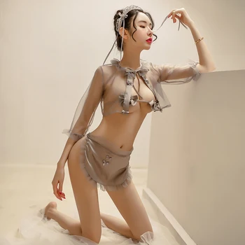 Erotiskā Seksīga Kalpone Priekšauts Cosplay Apģērbs Sievietēm Apakšveļa, Caurspīdīga Sieta Bikini Krūšturis un Biksīšu Komplekts Apakšveļa Spēlē Kārdinājums