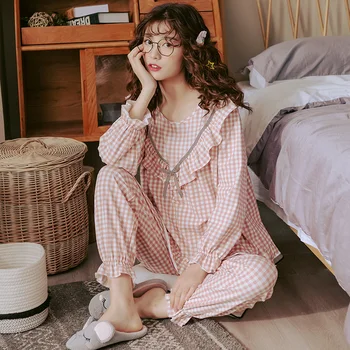 Sievietēm Ar Garām Piedurknēm Salds Pleds Drukāt Sleepwear Uzvalks Pavasara Rudens Pidžamas Komplekts Meitenei Naktskrekls Gadījuma Homewear Pijamas Mujer