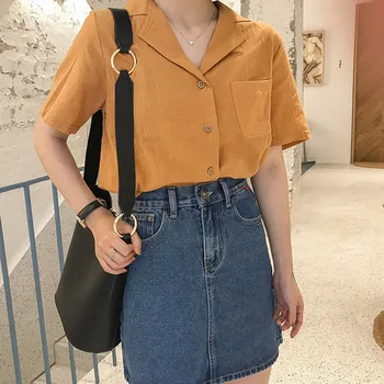 2019 Jaunu korejiešu Stilā, Apģērbi Sievietēm, Vasarā Savukārt Apkakle ar Īsām Piedurknēm Zaudēt Blūze Sieviete Harajuku Ikdienas Krekls