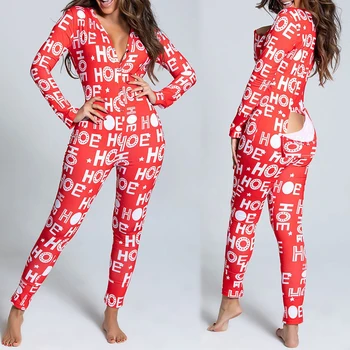 Sievietēm Ziemassvētku Onesies Ar Savienojuma Atloku Pieaugušajiem Sexy Sleepwear Romper Sieviešu Atvērt Muca Pidžamu Ziemassvētki Pyjama Ilgi, Naktskrekli