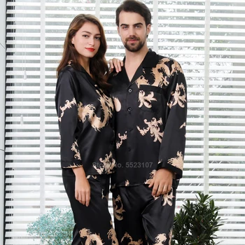 Sieviešu Zīda Satīna Pidžamas Komplekts 2gab Pilnu Piedurknēm Top Bikses Ķīniešu Stilā Jaunais Gads Pūķa Iespiesti Lounge Vīriešu Pāris ir Pidžamas
