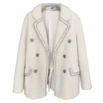 Modes jēru kažokādas uzvalks sieviešu ziemas jaka jaunu high-end Zaudēt atpūtas Ziemas biezā baltā divrindu sieviešu Bleizeri sievietēm