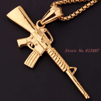 Newst Hip Hop Rotaslietas, Zelta Nerūsējošā Tērauda M16 Submachine Gun Modelis Kulons Mens Kārbas Ķēde, Kaklarota