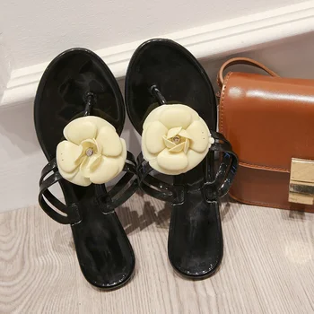 PRIEKŠSĒDĒTĀJA CO Zīmola Dizaina kamēlijas ziedu, Sieviešu jelly apavi Čības Vasaras Flip Flops Pludmales kurpes Sandales Dzīvokļi Dāmas Slaidi