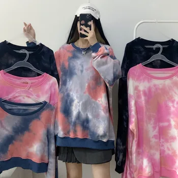2020. gada Rudenī Tumši Gotikas Stila Džemperis Sieviešu sporta Krekls ar Slīpumu, Kaklasaites Krāsu Drukas garām Piedurknēm Hoodies Harajuku Fashion Streetwear