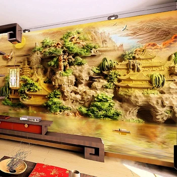 Pasūtījuma Sienas Radošo Koka Griešanai 3D Ķīniešu Stilā Kalnu Ūdens Paviljons Ainavu Fonā Sienas Gleznojums, Dzīvojamā Istaba Dekori