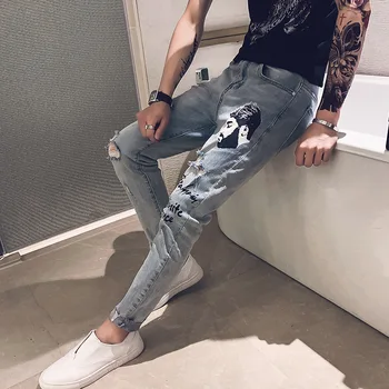 Vairumtirdzniecības 2020. gadam Džinsa Vīriešu džinsi, rudens jaunas potītes garuma bikses tendence visu saskaņot sociālās puisis zīmola caurumu iela zīmuli bikses
