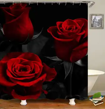 3D Red Rose Dušu Aizkariem, Vannas istabas Aizkaru Ūdensizturīgu Poliestera Audumu, Vanna Dekoru Dušas Aizkars Ar 12 Āķi un Gredzeni
