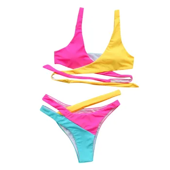 Ir 2021. Sieviešu Tīrtoņa Krāsu Mežģīņu Bikini Komplekts Dāmas Sexy Push Up Peldkostīms Beachwear Vasaras Pārsējs Polsterēta Peldkostīmi Peldkostīms #8