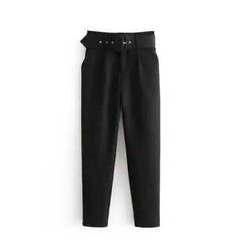 Biroja Dāma Melns Uzvalks Bikses Ar Jostu Sievietēm Augsta Vidukļa Cietā Garās Bikses Modes Kabatas Pantalones FICUSRONG Zīmuli