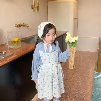 Bērnu Apģērbu 2020. Gada Rudenī Jauna Meitene, Salds Ziedu Kleita + Mežģīņu Apkakli, Garām Piedurknēm Kleita Divi Gabali Komplekts Bērniem Princese Kleitas