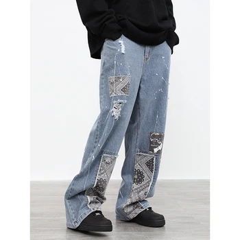 UNCLEDONJM Krāsu Bloks indijas džinsi Raibs grafiti džinsi vīriešu, hip hop, punk bikses vīriešu džinsu bikses YGH01