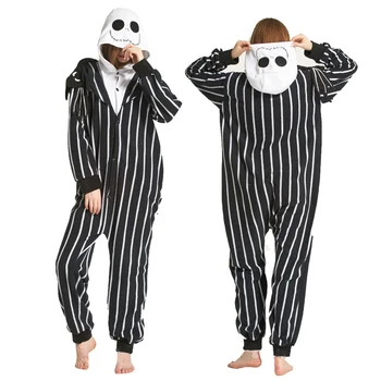Polar Fleece Pieaugušo Siltu Pidžamu Komplekts Jack Skellington Kigurumi Onesies Sievietes Vīrieši Halloween Cosplay Kostīmu Karikatūra Sleepwear