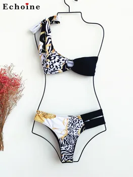Seksīgi Peldkostīmi Bikini Sieviešu Peldkostīms Viena Pleca, Mežģīnes Up Peldēšanas Tērpi Leopards Izdrukāt Pupiņas Biksītes Atpūtas Sērfošanu 2-piece Set