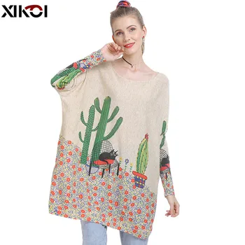 XIKOI Lielgabarīta Vilnas Džemperis Sievietēm Ziemas Garš Džemperis Kleitu Modes Kaktuss Drukāt Džemperis Gadījuma Trikotāžas Džemperis Pull Femme