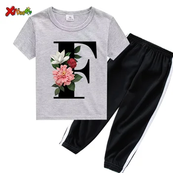 Unisex Vasarā Jaunu T-kreklu komplekti Modes Alfabētu Meitenes Tshirts Retro Zēns T Ziedi Elements Jauku Apaļu Kakla Bērniem Tshirt Kostīmi