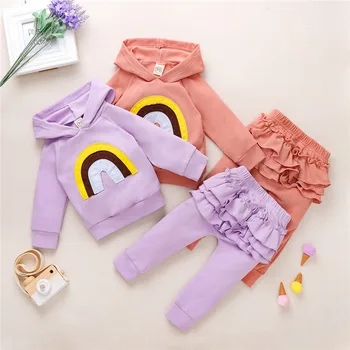 0-3 GADI Baby Meiteņu Apģērbu Komplekti Rudens Toddler Meitenes Varavīksnes Drukas Kapuci Topi+Ruffles Bikses Bērniem Tracksuit Bērniem Meitenēm