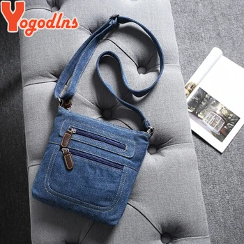 Yogodlns Modes zilās džinsa auduma plecu somas sieviešu somas klasiskā messenger bag satchels dāmas cross-body sling bag