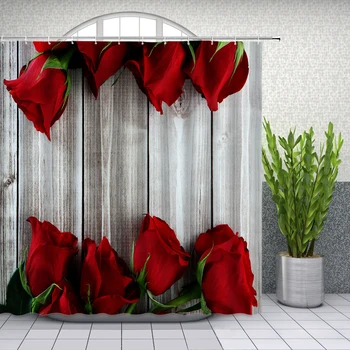 Sarkanas Rozes Ziedu Dušas Aizkari Uzstādīt Valentīna Diena, Pāri Ziedlapiņu Vannas istaba Dekori Mājas Vannā Aizkaru un Flaneļa Mat Paklājs