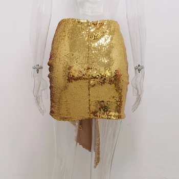 JillPeri Sievietes Augsta Vidukļa V Kakla Priekšējo Kritums Ruched Mini Svārki Jaunu Zelta Sequin Bling Apģērbs Slavenību Short Sexy Puse Svārki