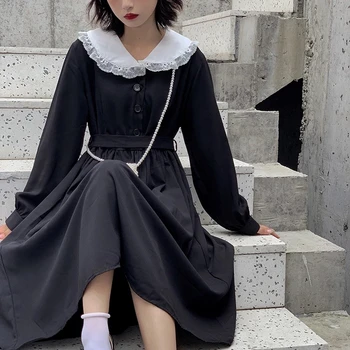 QWEEK Japāņu Harajuku Gothic Kawaii Kleita Ir 2021. Sieviešu Gothic Lolita Melna Kleita Peter Pan Apkakli Mežģīnes-up, Kleita ar garām Piedurknēm