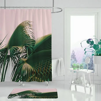 Dušas aizkars skaistu vintage ziedu, tropisko palmu lapu koku ziedu džungļu lapu kaktuss augu vannas istaba