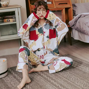 OLYWEYA Jauna Rudens Ziemas Sleepwear 2 Gabals Komplekti Sieviešu Kokvilnas Pidžamas Savukārt Apkakle Homewear Liela Izmēra Pijama Pyjama