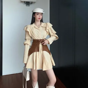 Modes Sieviešu Krekls, Kleita ar garām Piedurknēm Solid Plus Lieluma Dāma Šiks korejas Kleitas Ruffles Vestidos ar Jostu Dropshipping