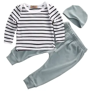 Ziemas Bērni Jaundzimušā Apģērbu komplekts Baby Zēni Meitenes 3PCS Apģērbu ar garām Piedurknēm Svītrains T-krekls Topi + Bikses Legging + Cepures Apģērbi