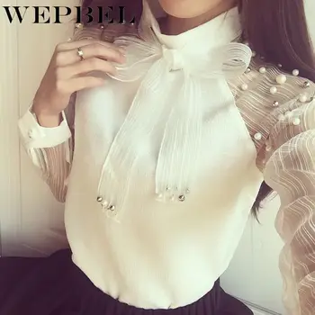 WEPBEL Sieviešu Elegantu Loku, Pērļu Balta Blūze Ikdienas Šifona Kreklu Plus Lieluma Galotnēm