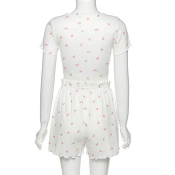 Sievietēm Komplekti Sleepwear Ziedu Divi Gabali Uzstādīt Mežģīnes Up Kroku T-Krekls Frilly Īsām Piedurknēm Top Gadījuma Vaļīgas Bikses Aukliņu Bikses