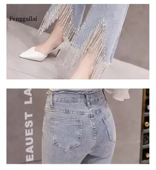 Plus lieluma 25-32!Sieviešu Rhinestone Frēzēšana Pušķis Ķēdes Uzliesmojums Džinsi 2019 Jaunu modes izdilis džinsi