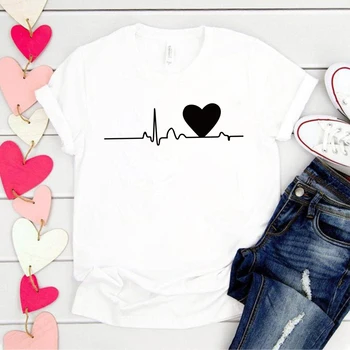 EKG Mīlestību Sirdī Drukāšanas Sieviešu T Krekls ar Īsām Piedurknēm Vasaras Modes Pāris Valentīna T Dāmām, Topi Tee Meitenes Sieviete