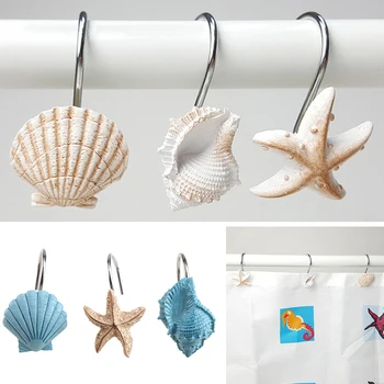 12pcs/komplekts Ocean Sērija Seashell Starfish Dušas Aizkars Metāla Āķi drēbju Pakaramais Sliedēm Sveķu Dekoratīvās Vannas istaba Pludmale, Shell Dekori