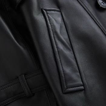 Lautaro Ilgi, melns ādas uzrakt mētelis sievietēm ar garām piedurknēm ar jostu atloks Sieviešu modes 2020. gadam Luksusa pavasara plus lieluma jakas 7xl
